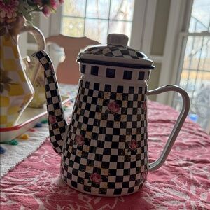 Checkerboard Floral Painted Metal Coffee Pot - Black